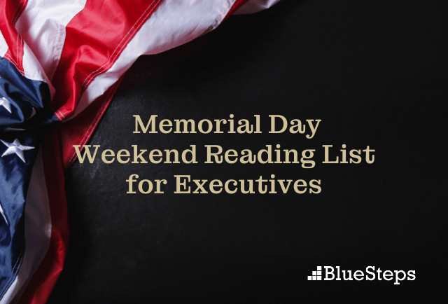 Memorial Day Weekend Reading List for Executives on a background with a flag on the left side
